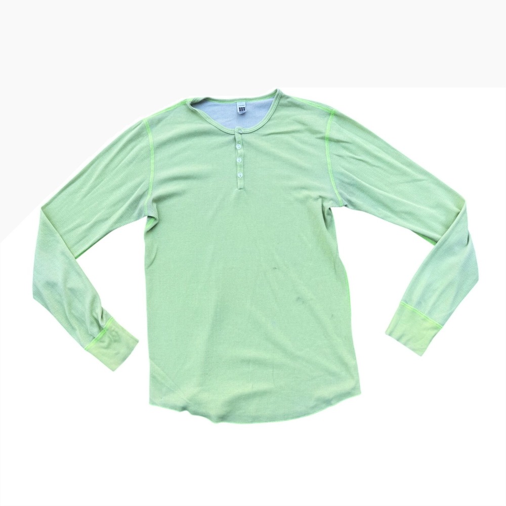 American Apparel Mens Neon Yellow Waffle Thermal Henley Long Sleeve Shirt M